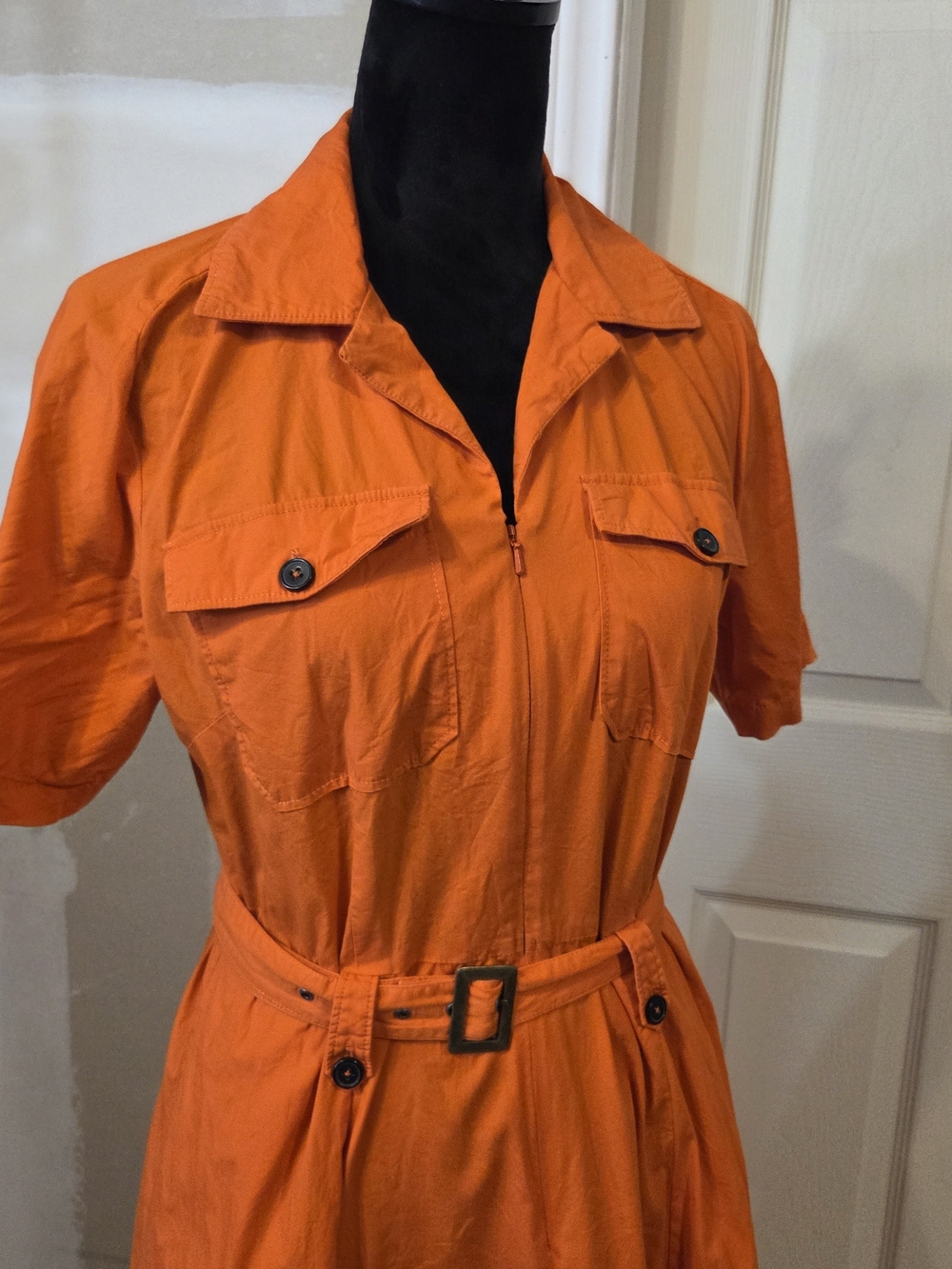 eShakti Vibrant Orange A Line Feminine Short-Sleeve Utility Midi Dress Belted - Picture 4 of 16